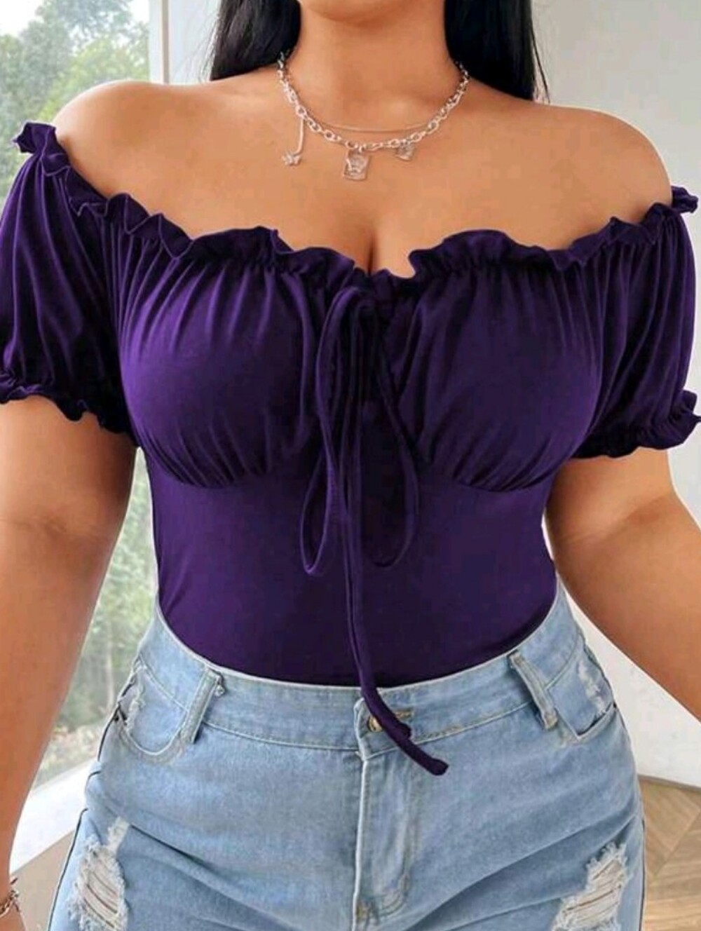 Shein Flirla Plus Off Shoulder Frill Trim Knot Front Tee Purple Size 0XL